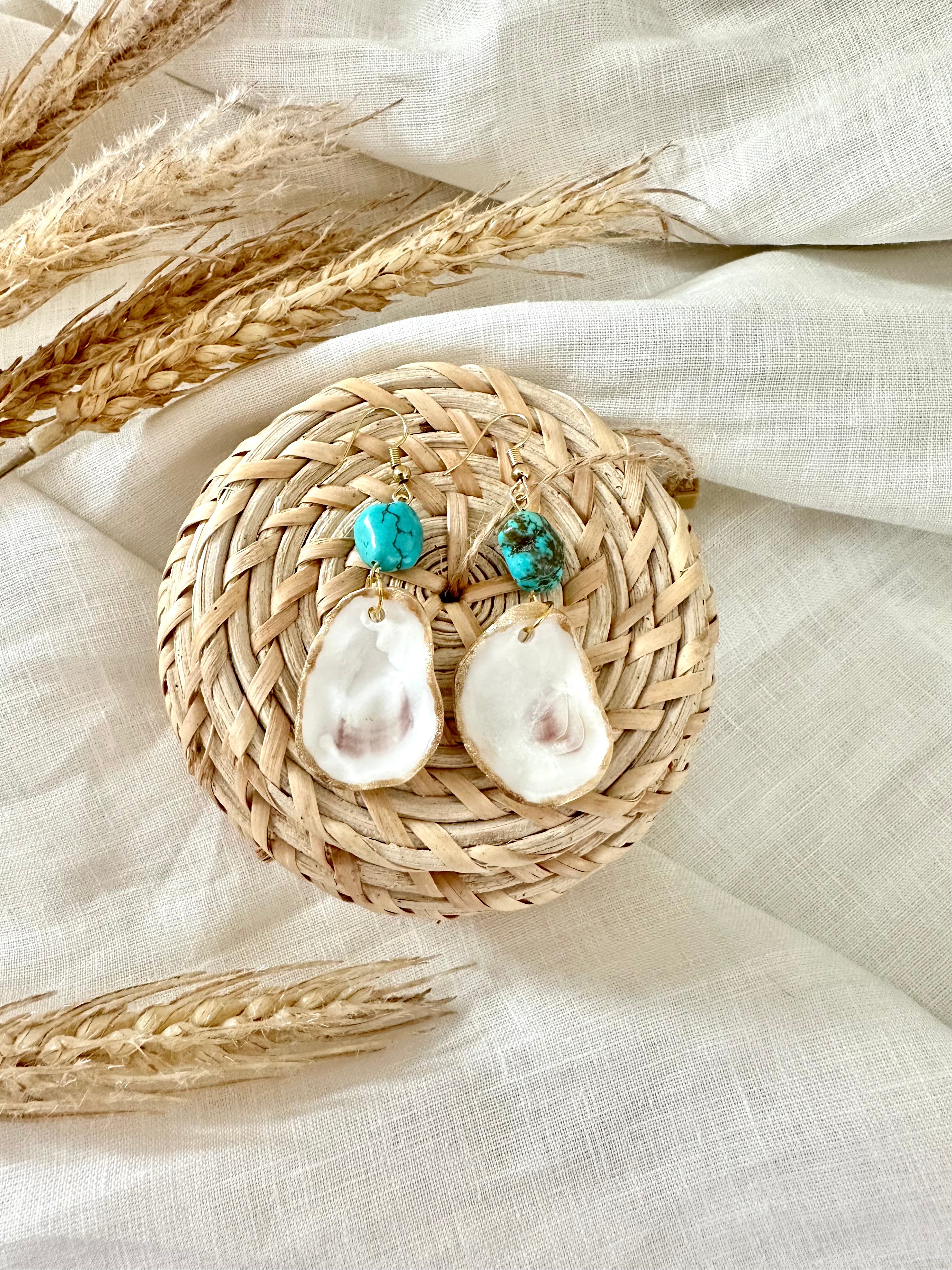 Oyster Shell + Turquoise Earrings