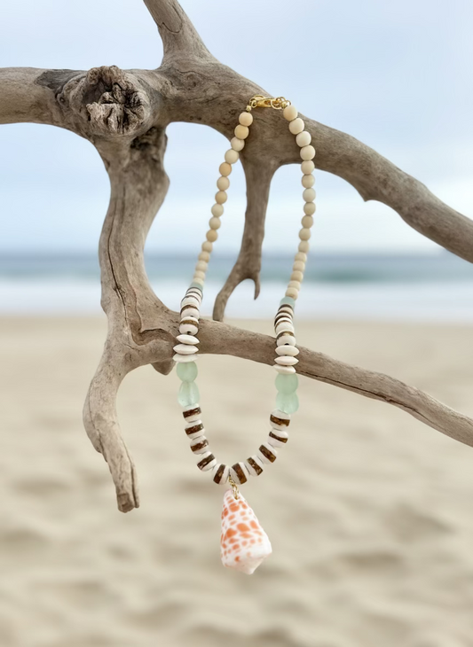Washed Ashore Long Hebrew Cone + Sea-glass Necklace