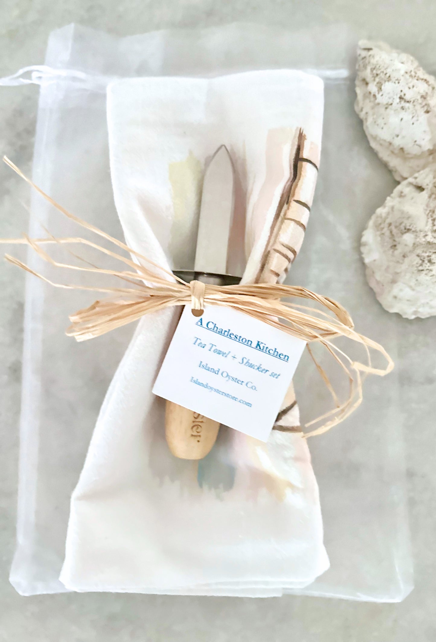 Tea Towel Gift Set with Engraved Oyster Shucker