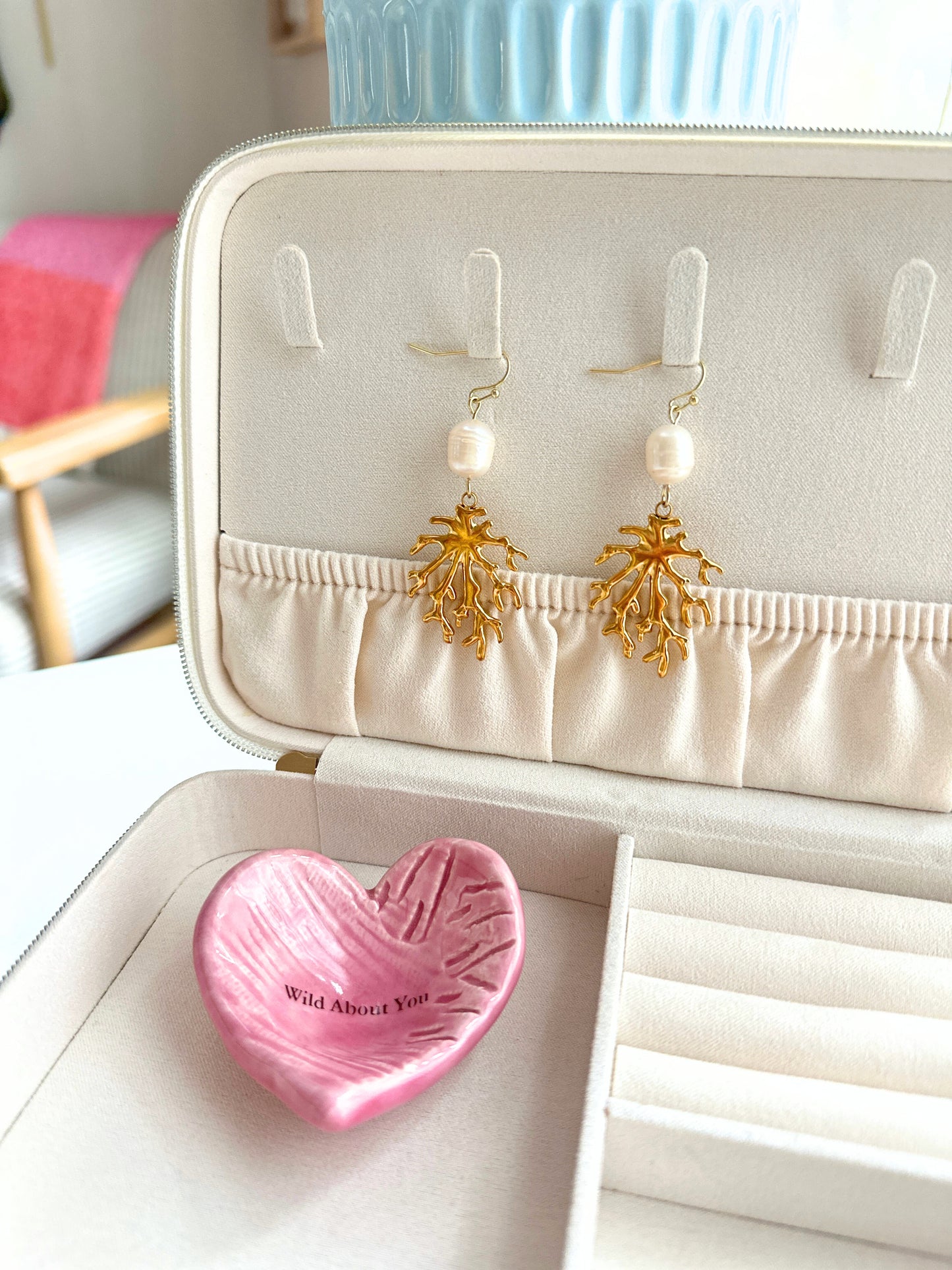 Golden Coral + Pearl Statement Earrings